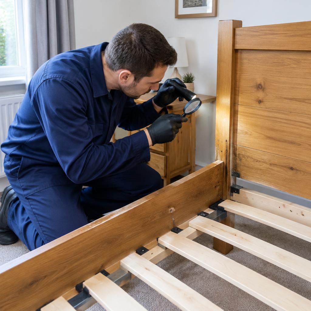 Technician inspecting a dismantled bed frame for bed bug hiding spots