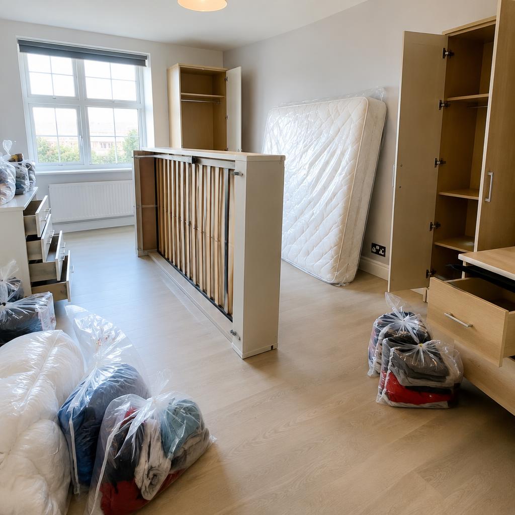 Bedroom prepared for heat treatment with bagged clothes and open wardrobes